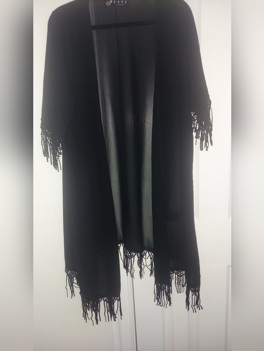 Black Fringe Kimono Cardigan - Women Sweater. OS - Picture 2 of 4